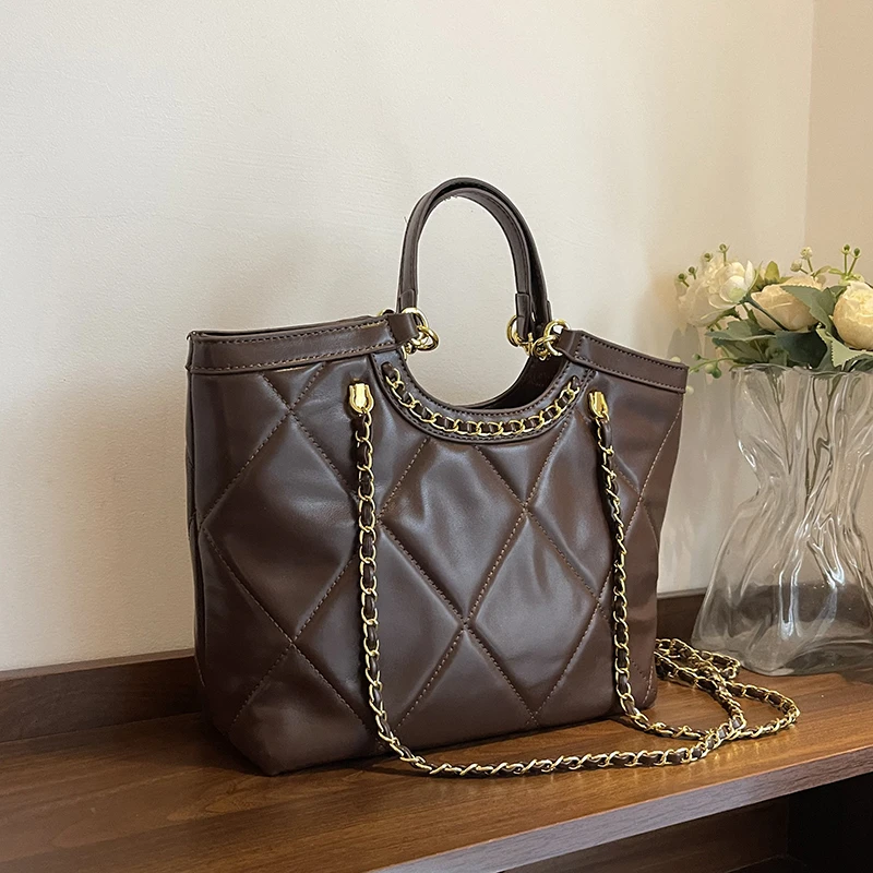 时尚菱格单肩包2025新款大容量秋冬休闲托特包简约复古链条包女包