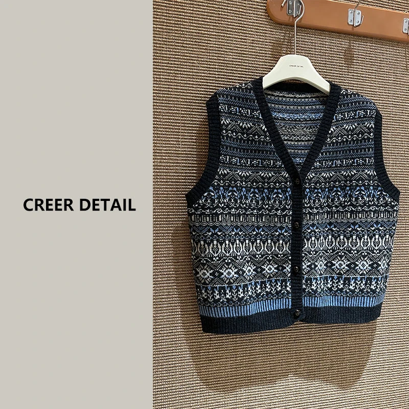 春秋叠穿BI入款羊毛费尔岛马甲V领开衫宽松无袖上衣