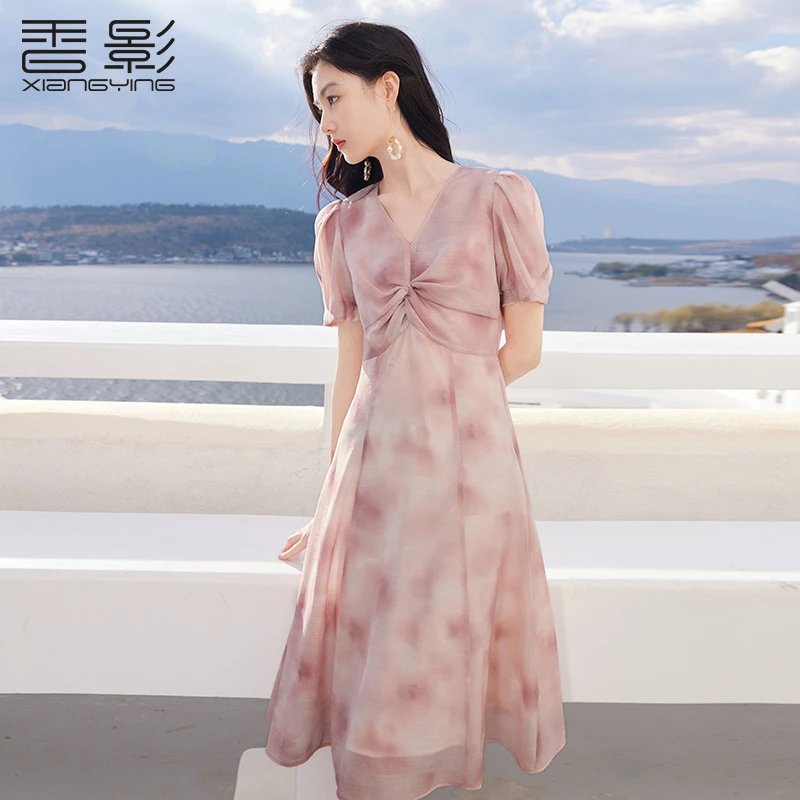 L85S258连衣裙 香影立体扭结v领连衣裙女夏季新款柔和晕染裙子