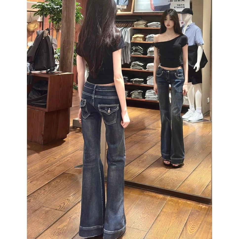 高个子加长蓝灰低腰弹力微喇牛仔裤女秋季复古修身显瘦马蹄喇叭裤