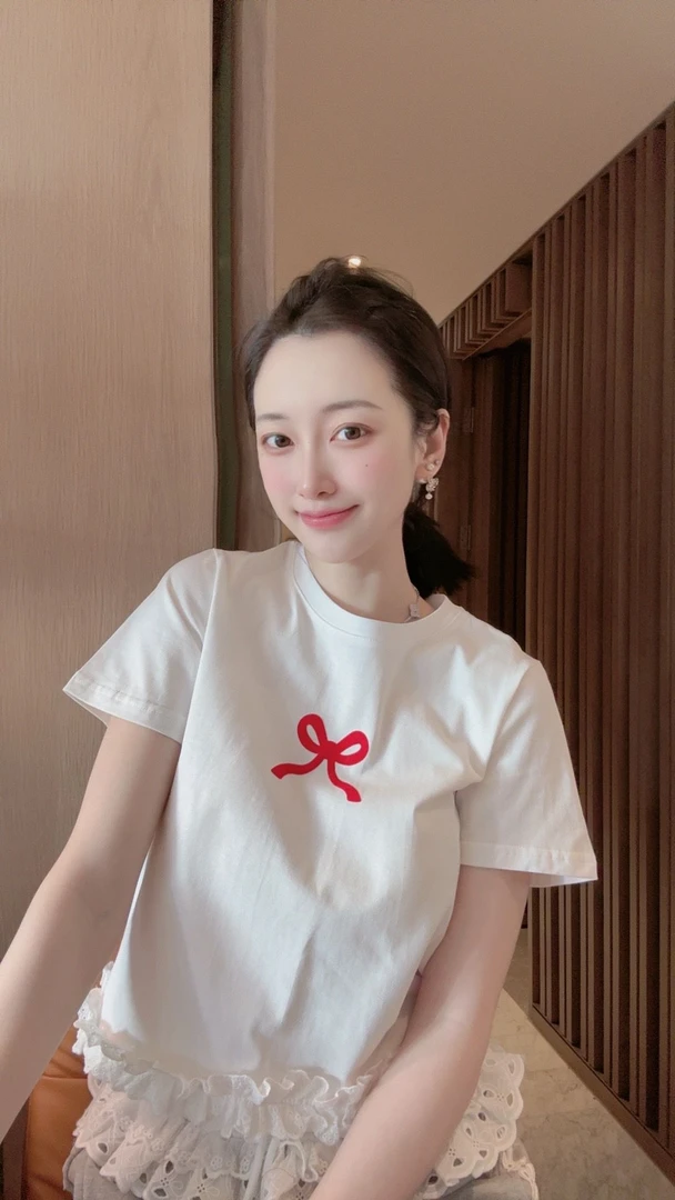 【张静芝】小蝴蝶结拼褶皱花边短袖T恤