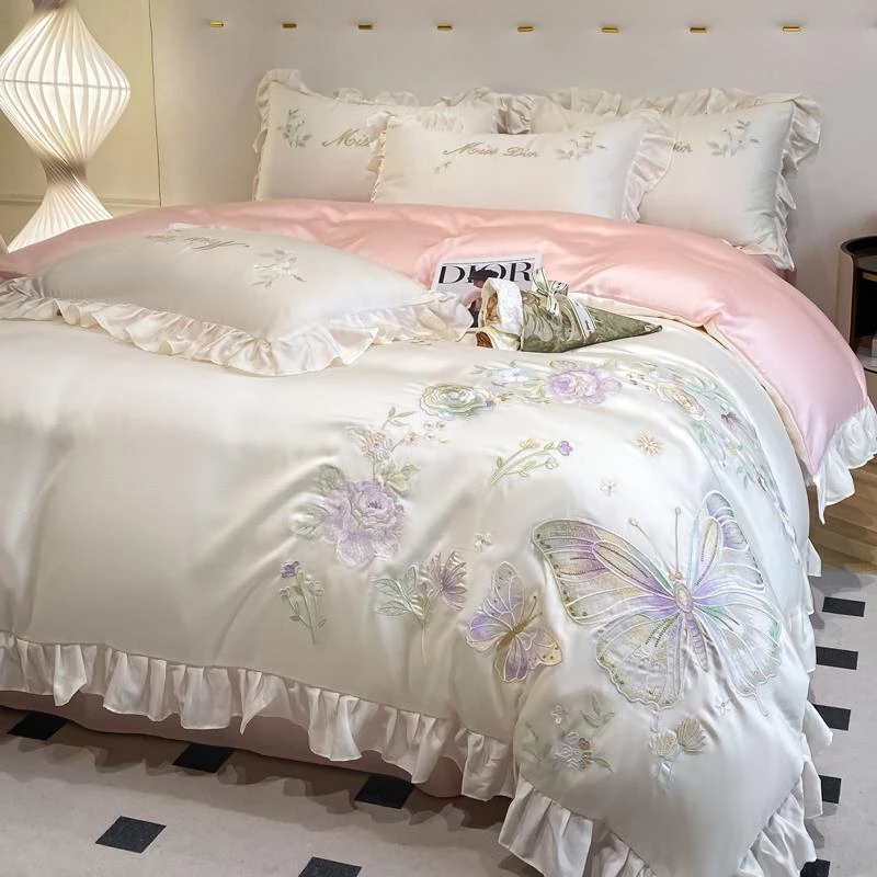 RUINDESG 冰丝四件套夏季床单被套丝滑裸睡公主风花边被单双人夏