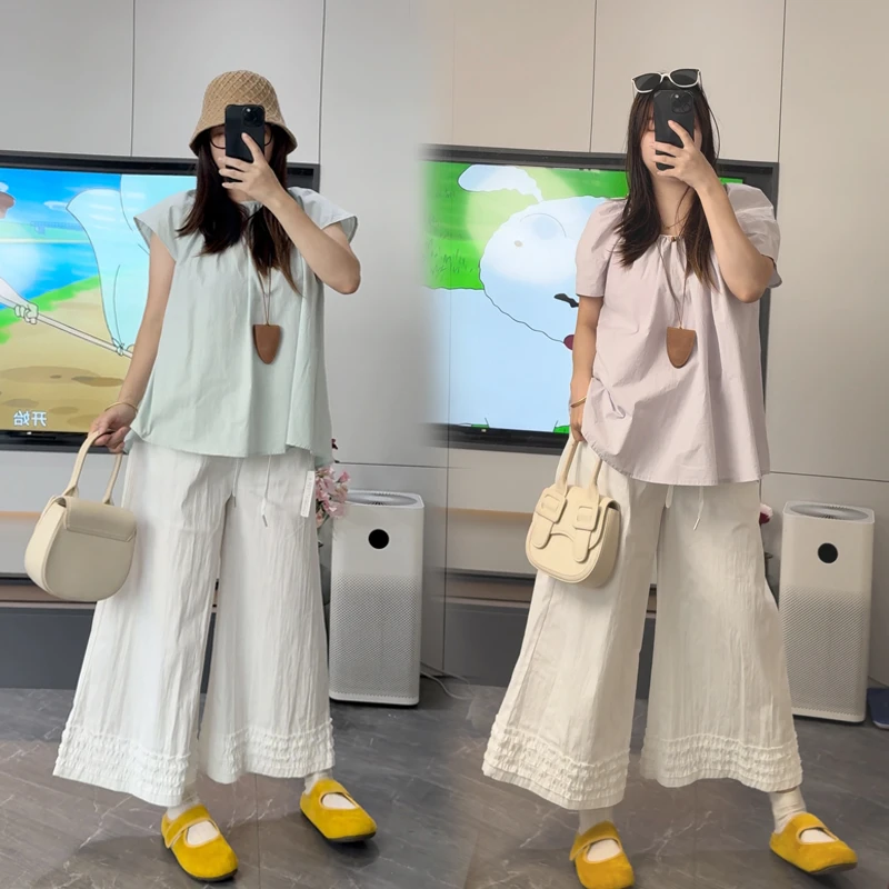 孕妇装夏季薄款阔腿裤外穿休闲九分阔腿裤慵懒风松弛百搭高腰裤