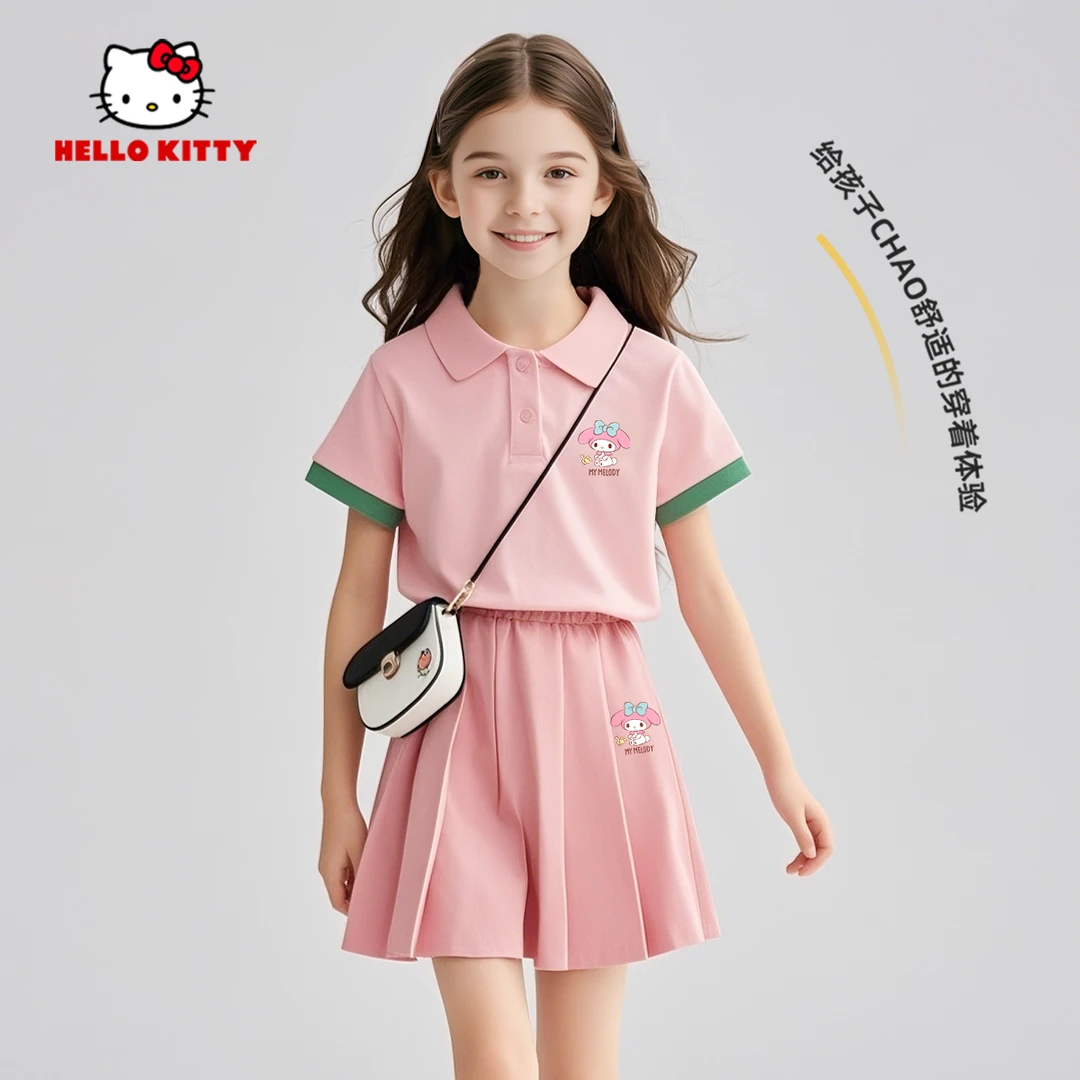 美乐蒂女童运动套装夏季2025新款粉色儿童短袖polo衫女孩夏装裙裤