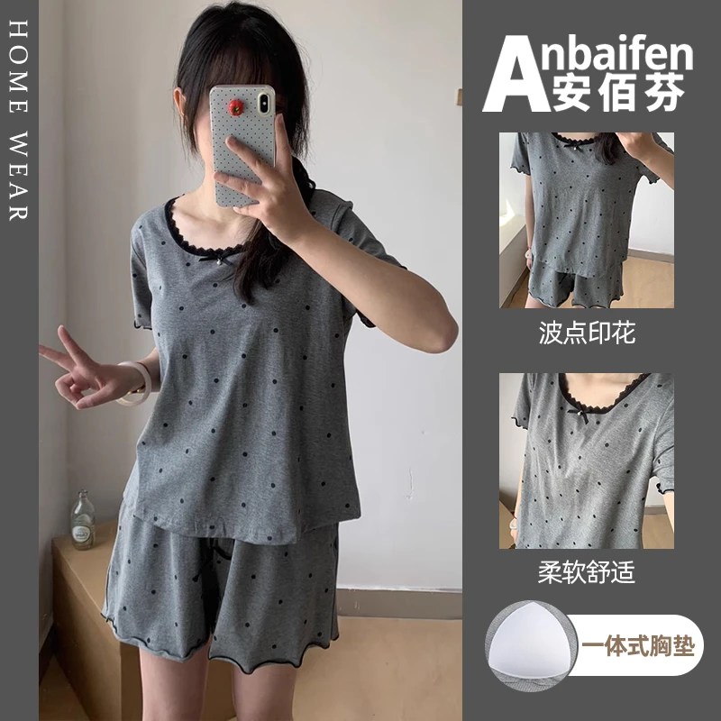 高级感波点印花带胸垫套装短袖短裤可外穿防凸点睡衣家居服女夏季