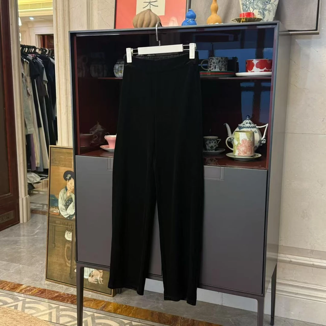 MYL 2025早秋新品聚酯黑色丝绒休闲裤中腰时尚休闲通勤西装裤长裤