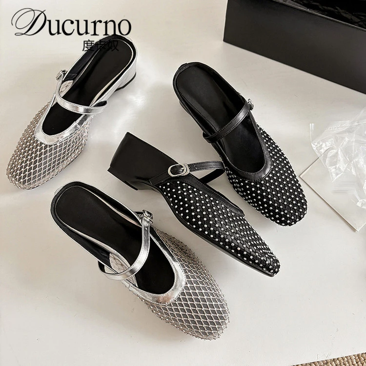 DUCURNO镂空网纱~包头内增高半拖鞋女2025新款夏季时尚百搭穆勒鞋