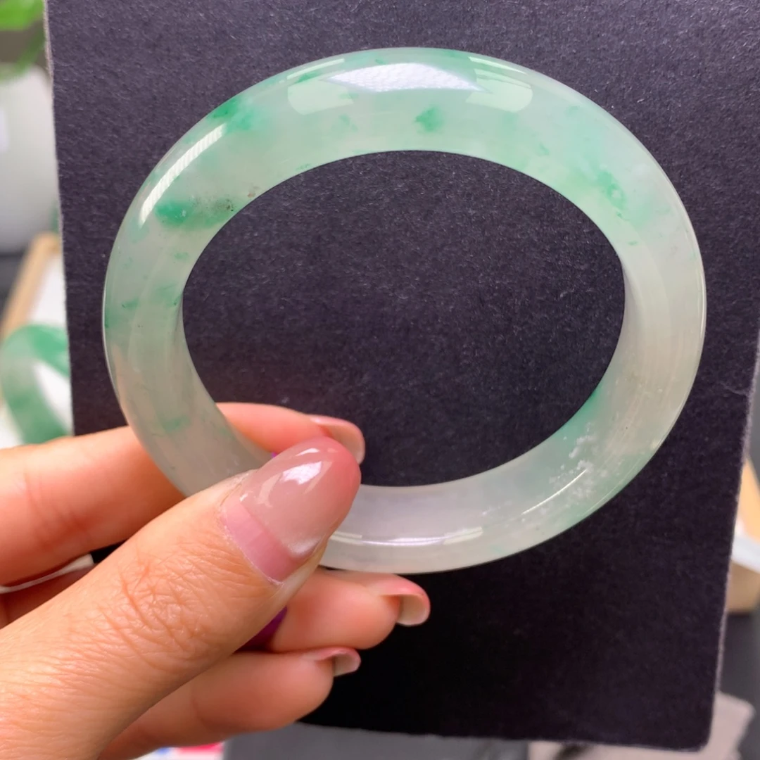 石英质玉（非洲翠）未镶嵌手镯5859白冰点翠飘花