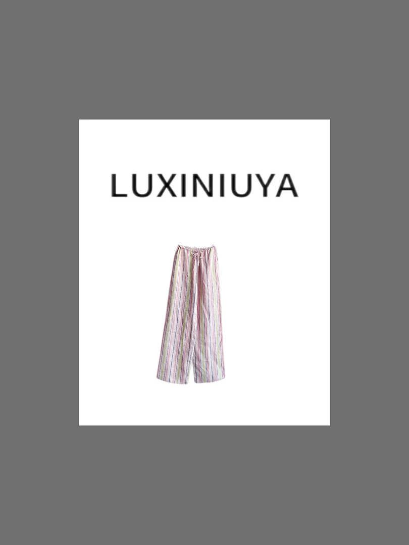 【LUXINIUYA】珊瑚条纹裤 裤长高腰遮腿型宽松休闲阔腿裤#CX3025