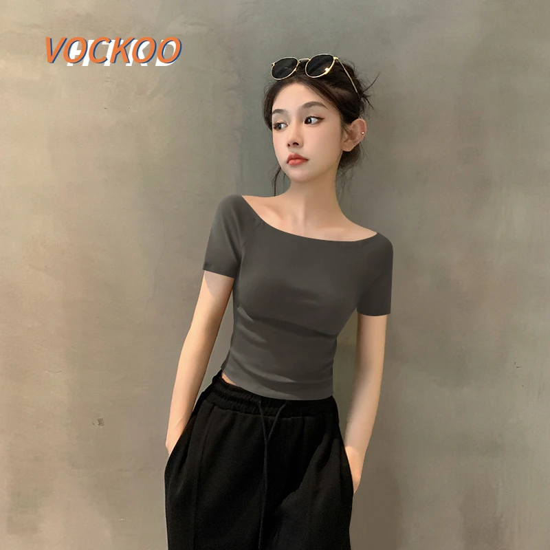 VOCKOO夏季黑色一字领短袖T恤女棉质露脐短款法式洋气露肩显瘦洋