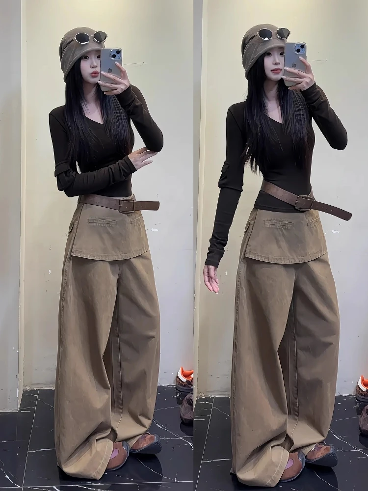 美式复古假两件工装风高腰阔腿裤女早秋季新款宽松显瘦卡其色长裤