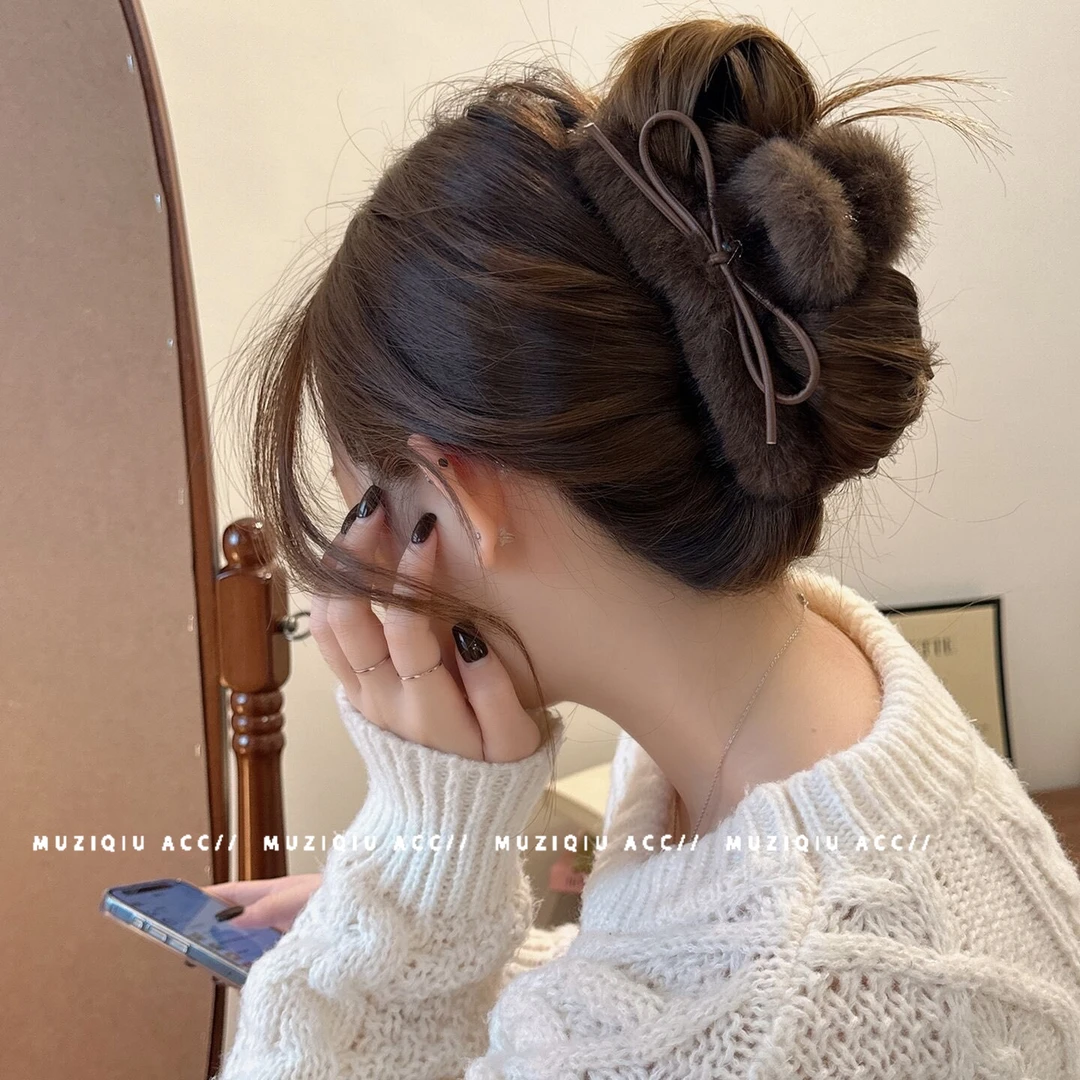 木子秋高级感美拉德蝴蝶结毛绒抓夹精致优雅气质时尚复古简约发夹