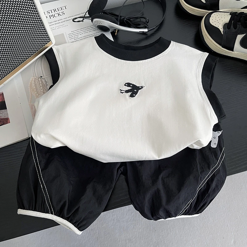 韩版套头男夏季韩版男童夏套装套装夏装欧若动感风休闲印花无袖