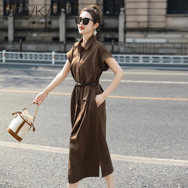 Jovkatti赫本风连衣裙女2025夏季新款气质休闲OL收腰显瘦开叉衬衫