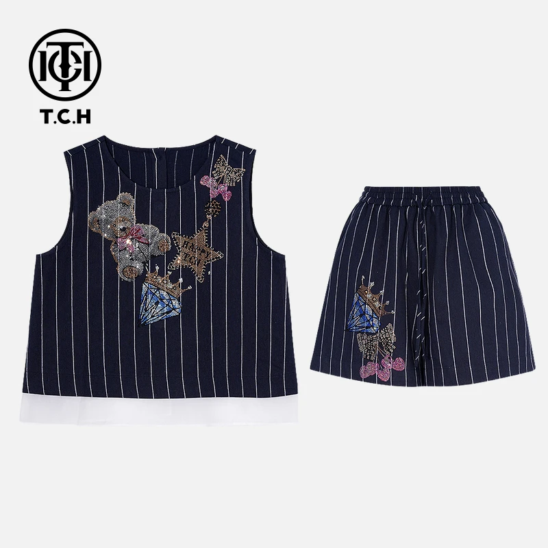 TCH轻奢烫钻工艺高级感蓝色小熊时尚套装女T75B07E1033私服tch