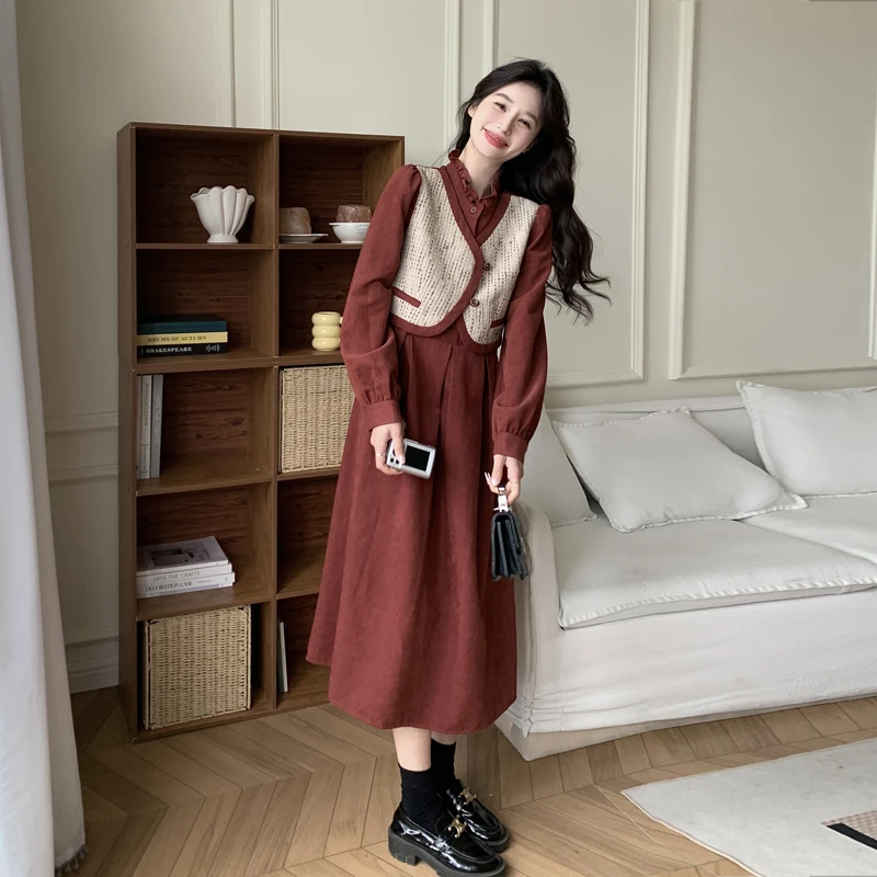 红色系穿搭假两件长袖连衣裙女2025秋季新款复古气质本命年会长裙