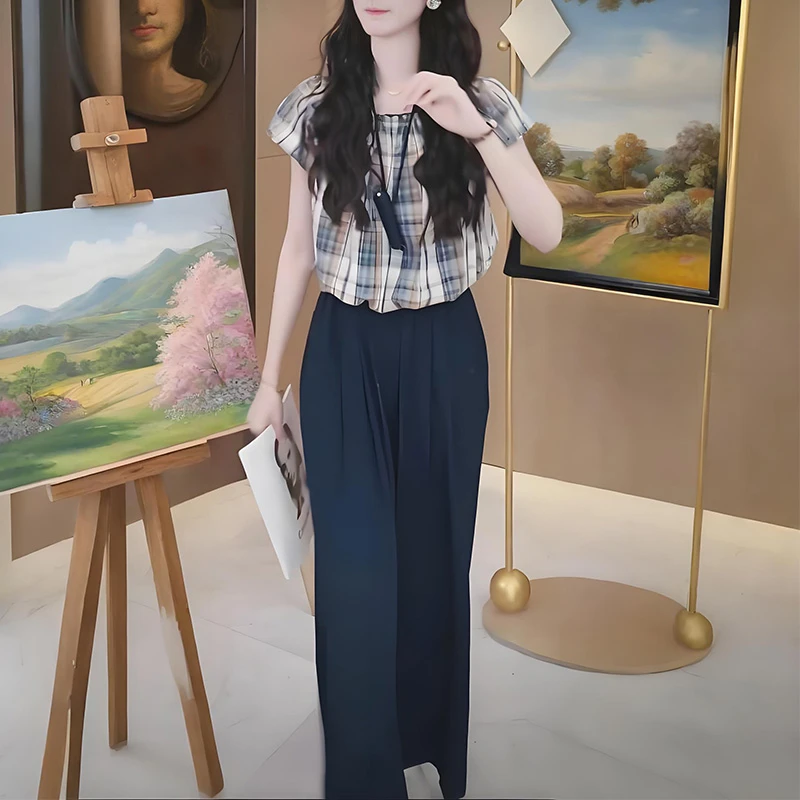 格子短袖雪纺衬衫套装女夏季2025年新款娃娃衫上衣休闲阔裤两件套