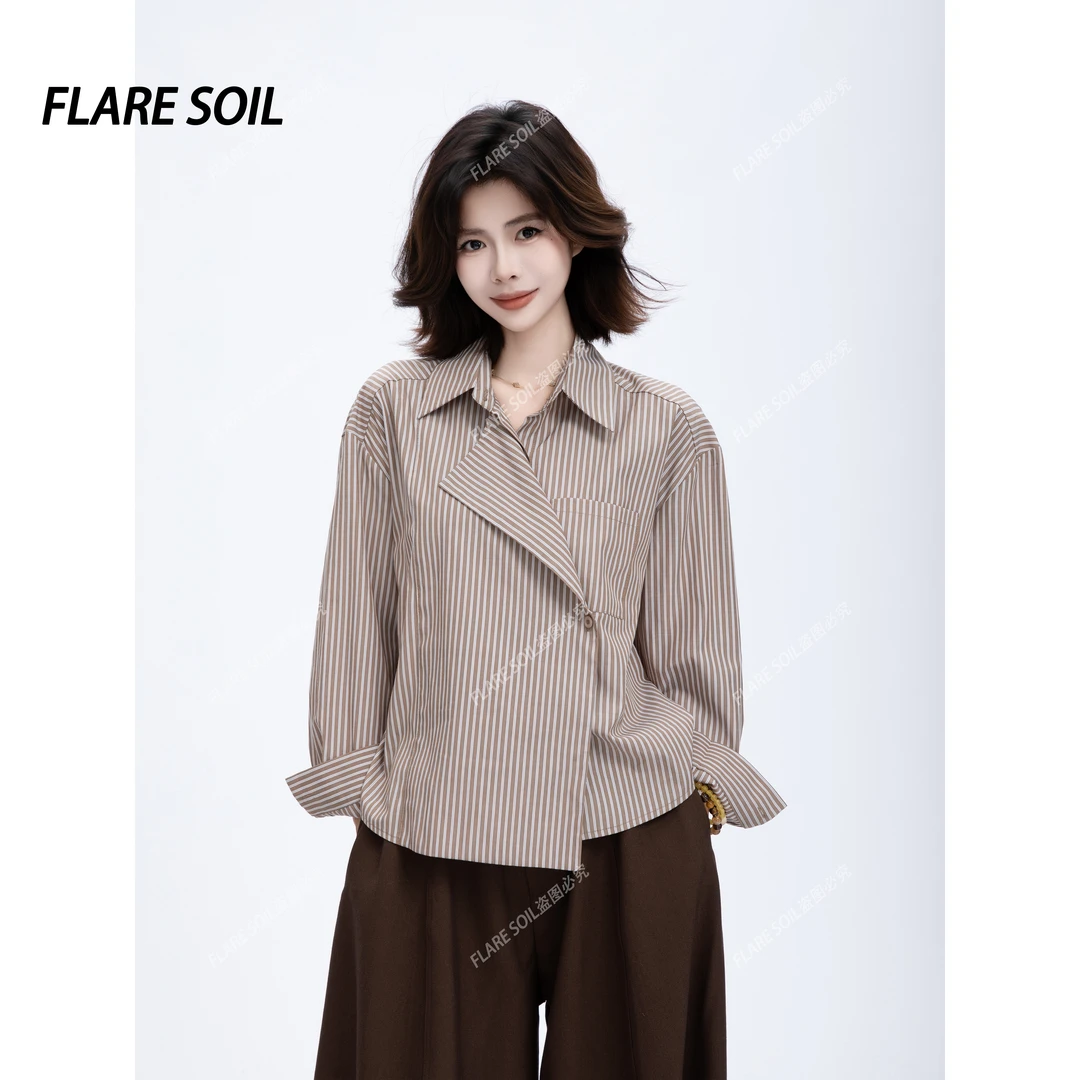 【FLARE SOIL】（现货）翻领条纹衬衫长袖通勤斜扣法式上衣 T4645A