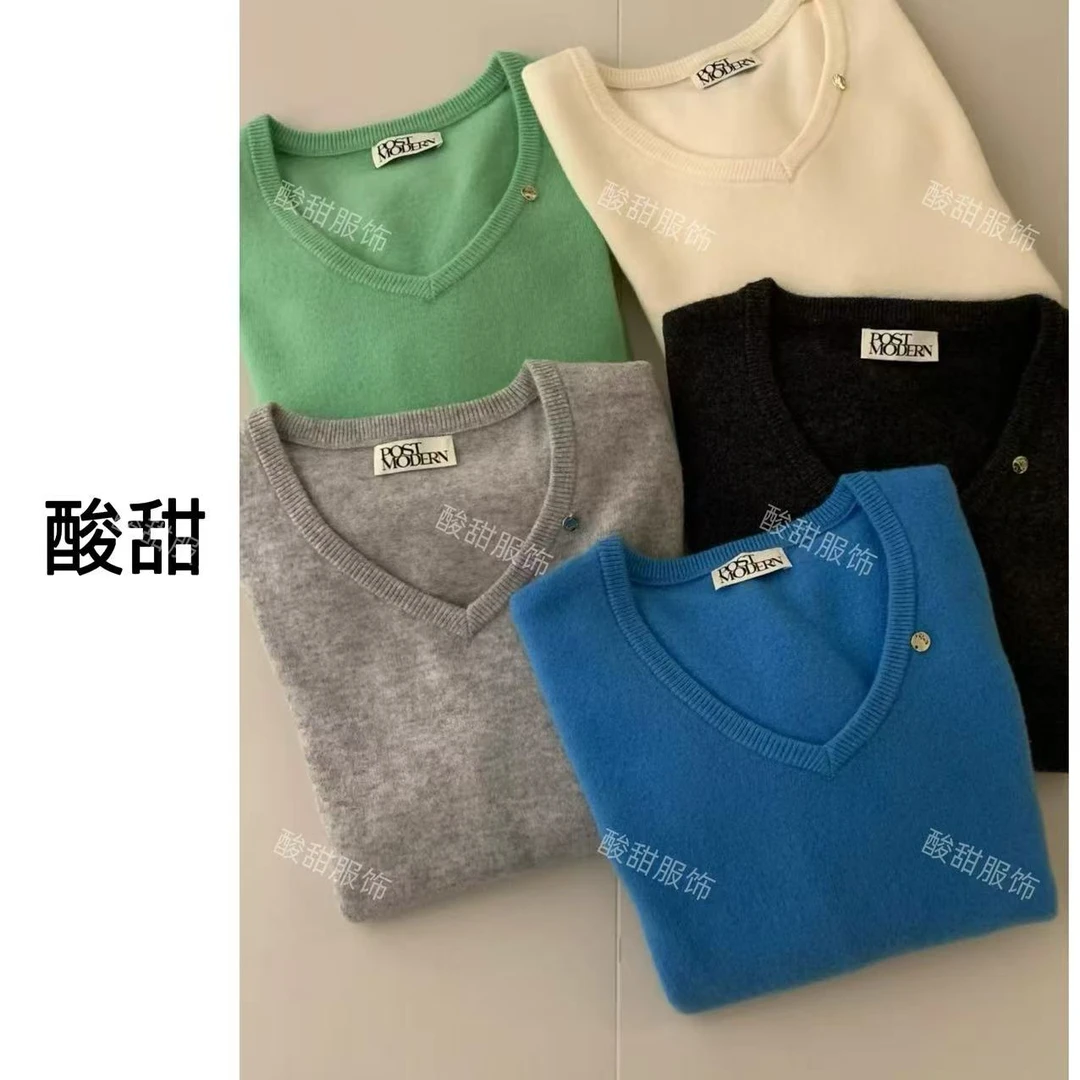 【酸甜】100%绵羊毛秋冬亮色系V领针织韩系套头针织毛衣 软糯百搭