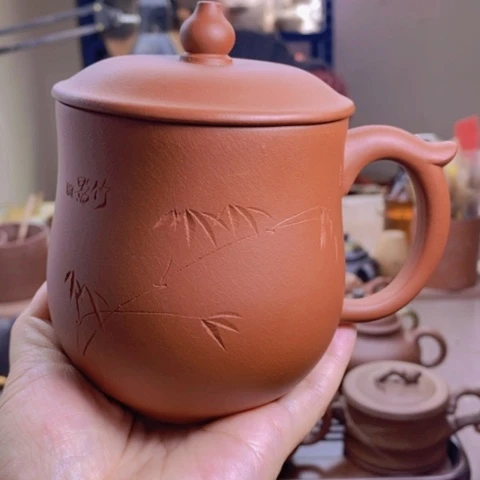 茶壶紫砂盖杯400cc带刻绘