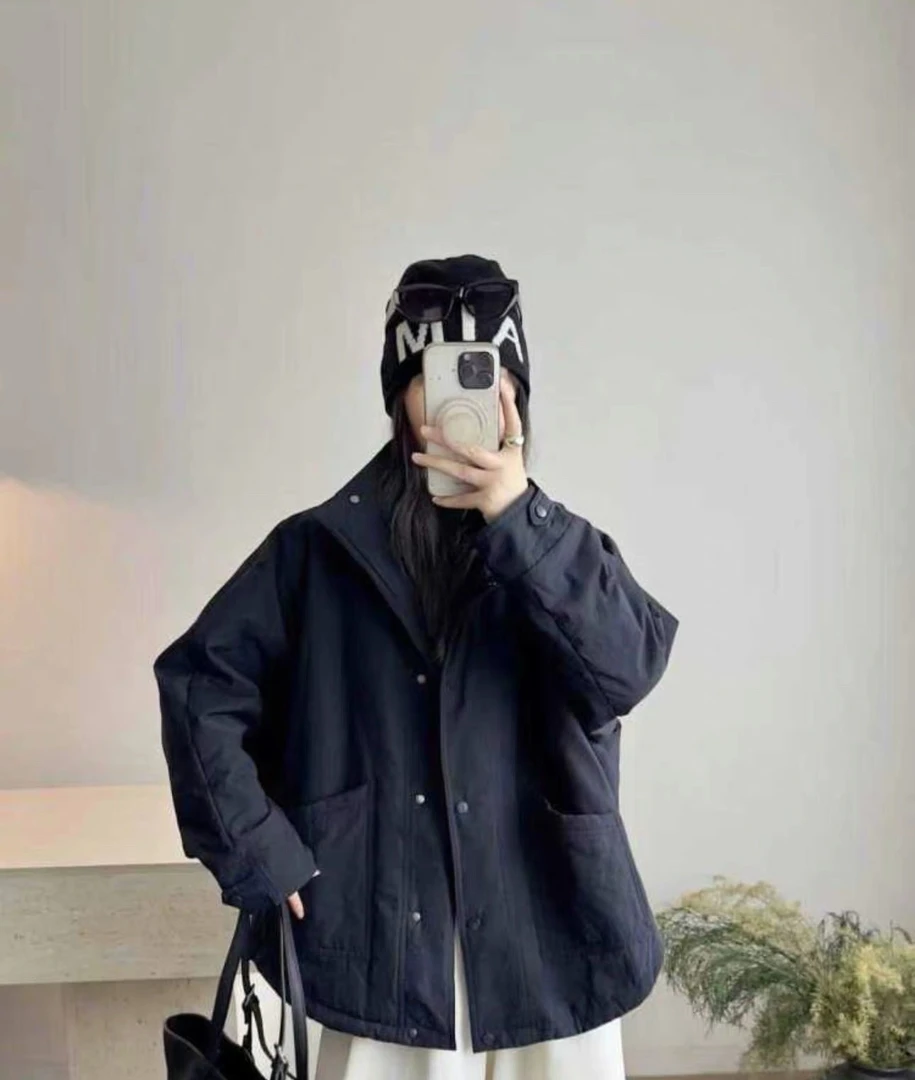 棉服女2025秋冬新款韩版设计感单排扣宽松百搭立领茧型棉衣外套