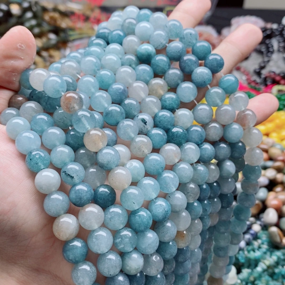 玛瑙/玉髓未镶嵌珠宝半成品一条天然10mm蓝水玉髓圆珠B84