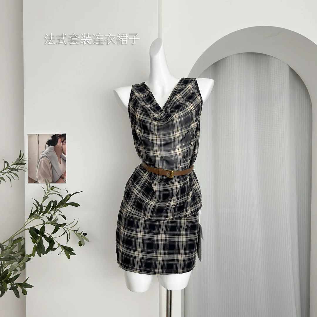 vivi时尚高级感复古格纹无袖套装配腰带