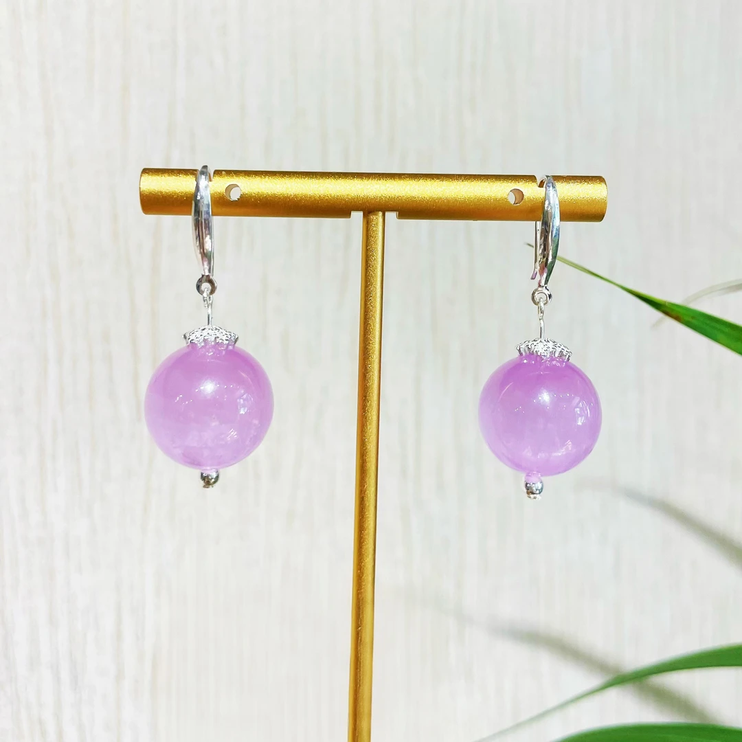 【紫洛】时尚气质 透体大珠径紫锂辉s925银镶嵌耳坠 （珠径：16mm ±）