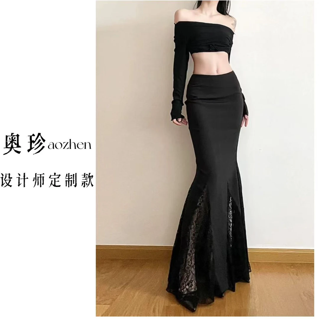 【奥珍】【人鱼姬】自制新款蕾丝拼接黑色西装半身裙春季包臀鱼尾裙