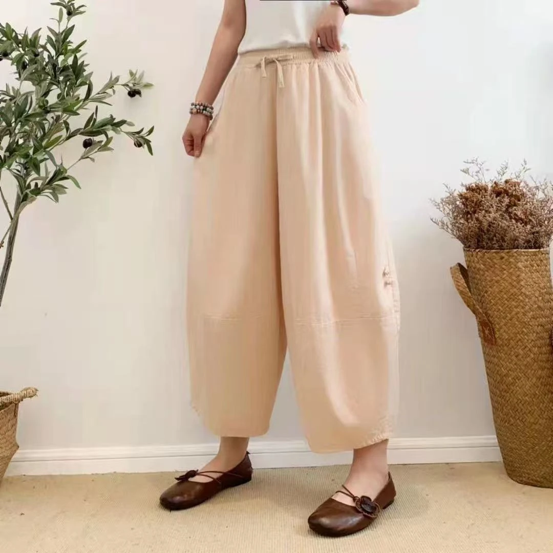 夏季女裤百搭时尚裤子高腰阔腿萝卜裤文艺松紧腰纯色八分裤