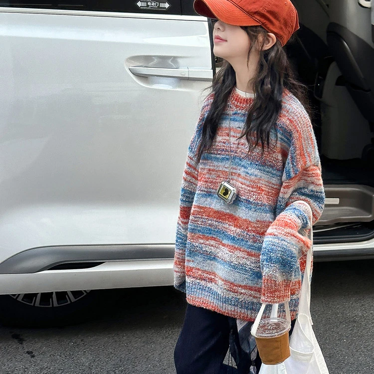 女童彩条毛衣2025秋装新款6-12岁15岁中大儿童秋季女孩百搭针织衫