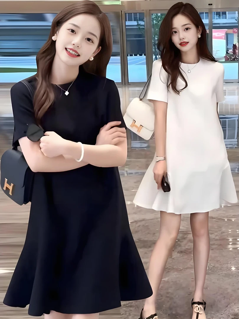 爆款短袖连衣裙女2025夏季新款气质减龄中长款荷叶边小个子鱼尾裙