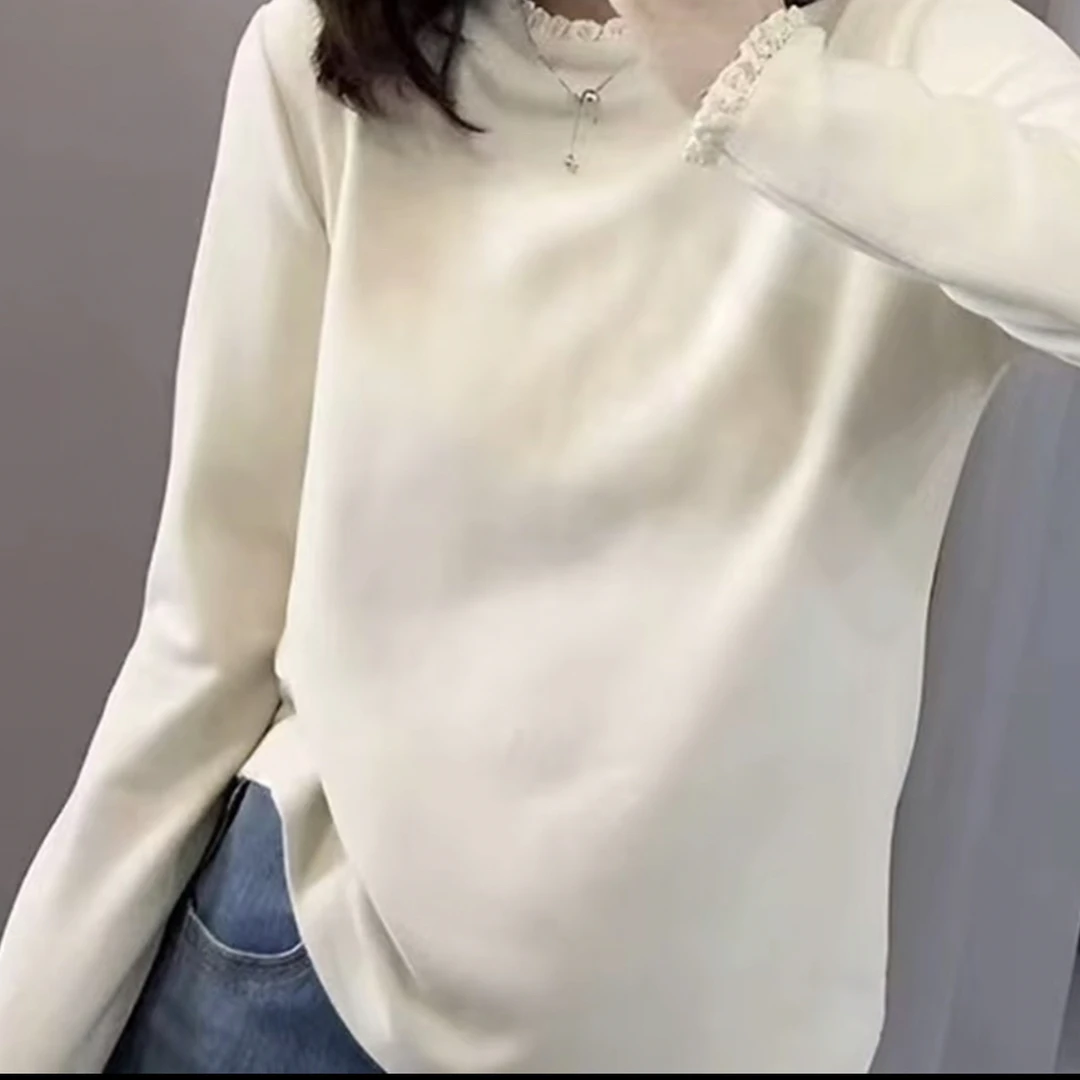 2025冬季新款韩版微宽松花边百搭时尚显瘦双面加绒打底衫内搭保暖