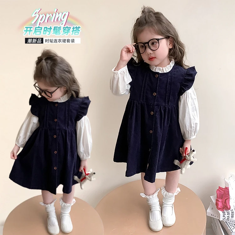 女童牛仔春款套装女洋气荷叶边2025新款婴儿灯芯绒背心裙两件套