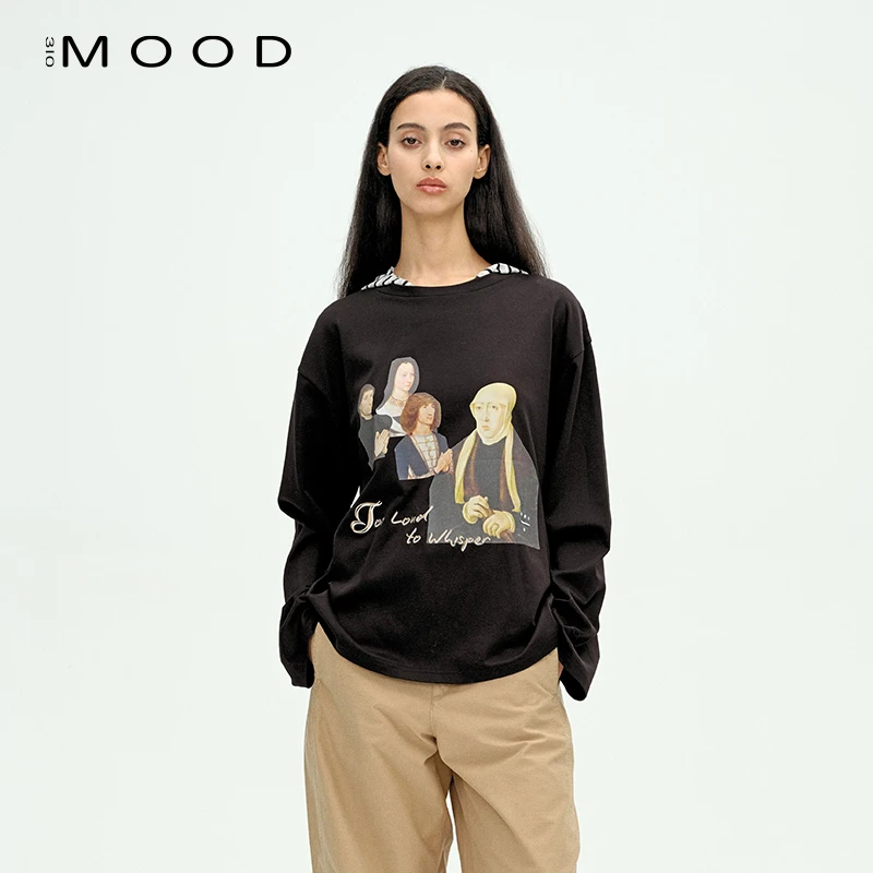 310MOOD林间剧场2025秋季新款长袖T恤纯棉时尚设计感印花休闲上衣