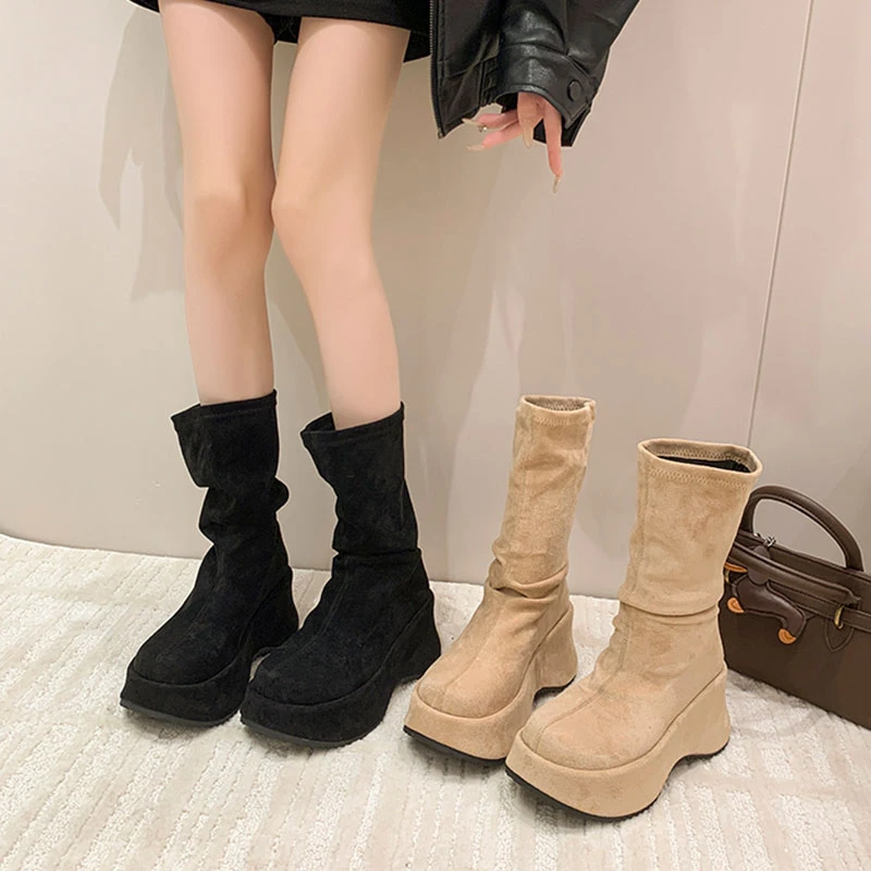 增高6cm~复古绒面厚底短靴女2025秋款小个子堆堆靴圆头百搭瘦瘦靴