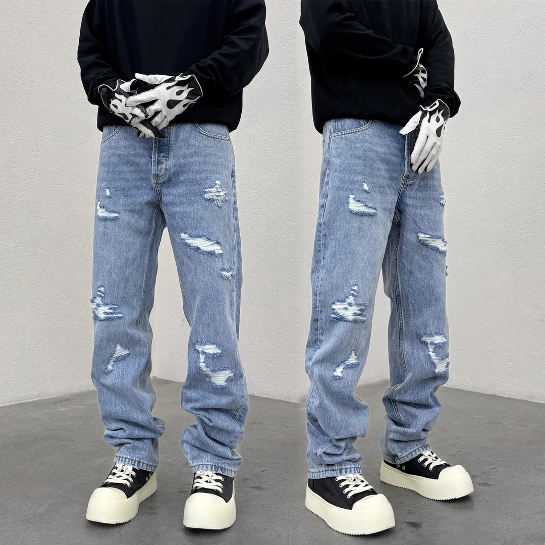 KISSNATE美式高街VIBE四季百搭直筒休闲洗水冰蓝破洞补丁男牛仔裤
