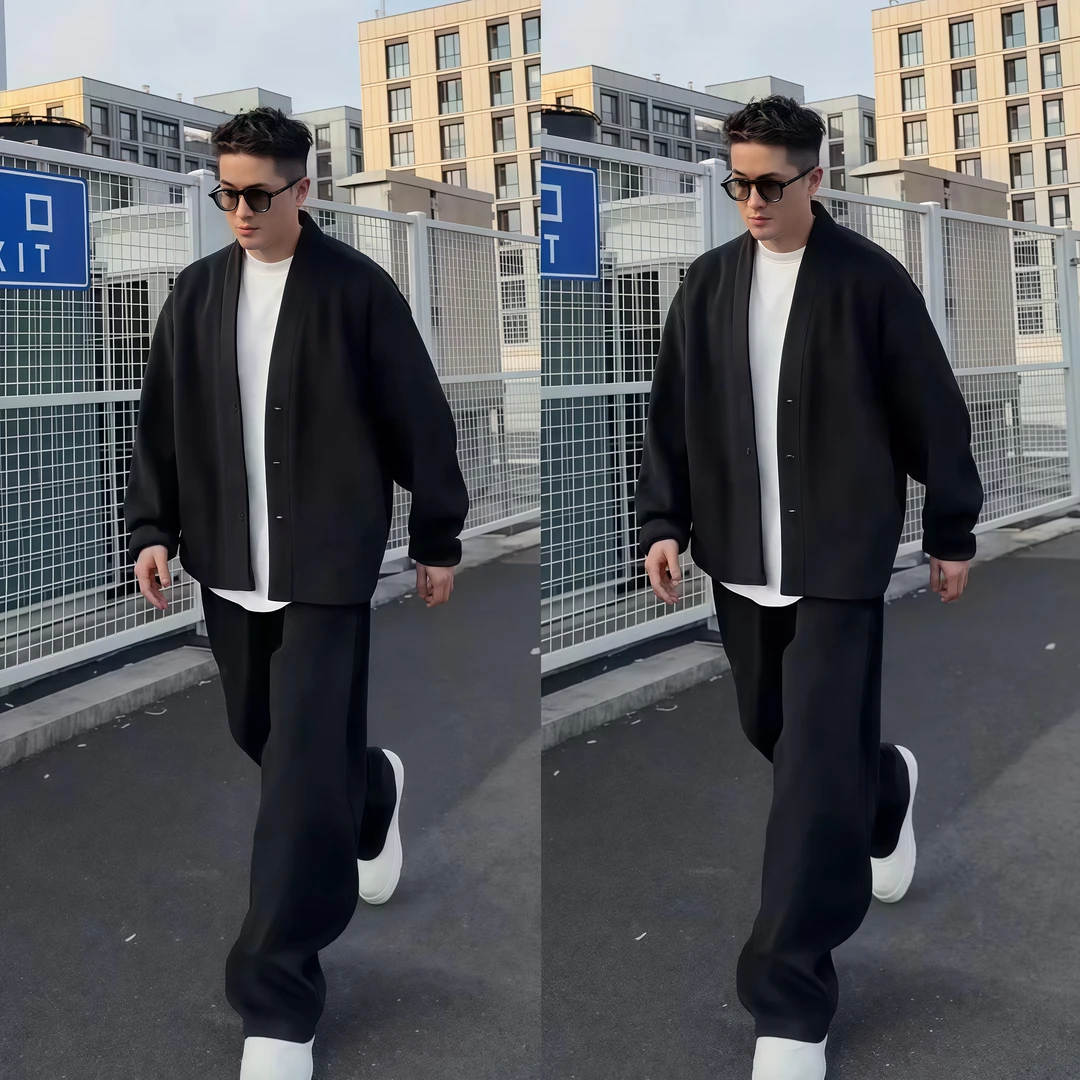 秋季高档简约毛呢休闲套装男士时尚轻奢宽松百搭外套长裤两件套