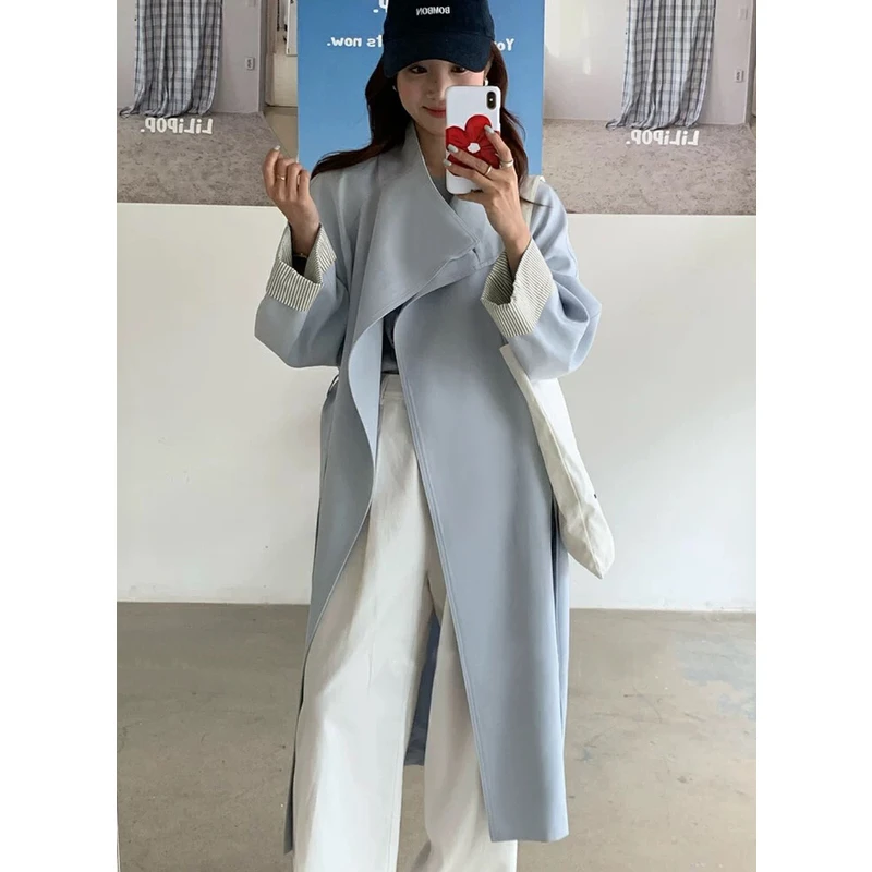 【25005】立领一粒扣条纹翻袖中长款风衣外套女