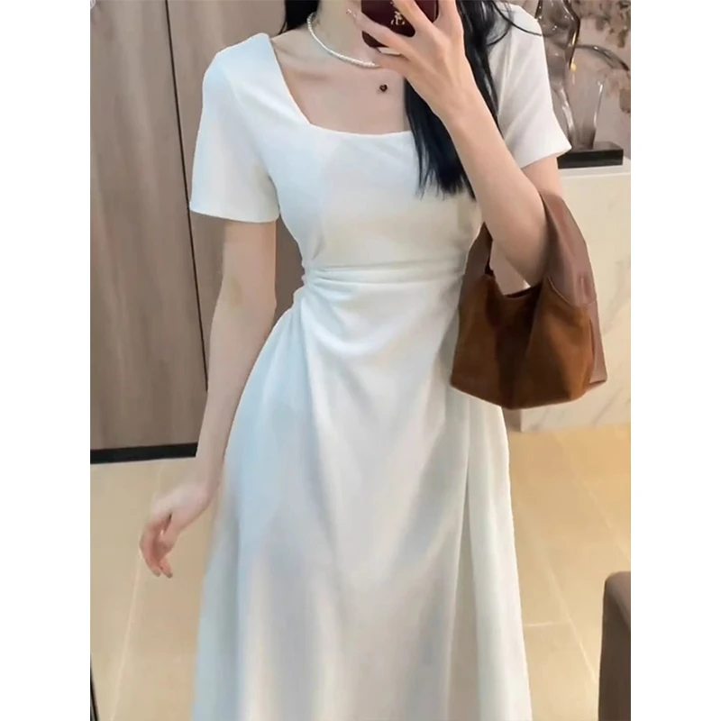 白色修身法式收腰短袖连衣裙女夏季爆款2025新款气质裙子显瘦长裙