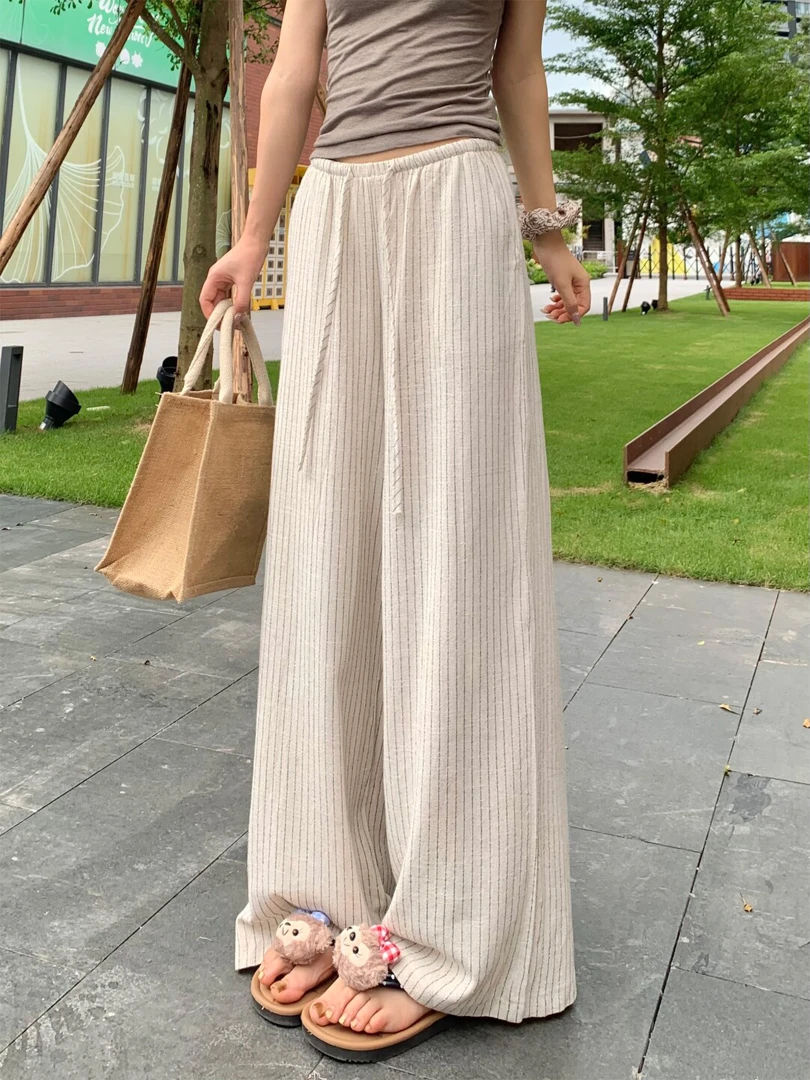 亚麻条纹阔腿休闲裤女夏季薄款大码胖mm高腰宽松显瘦垂感直筒裤子