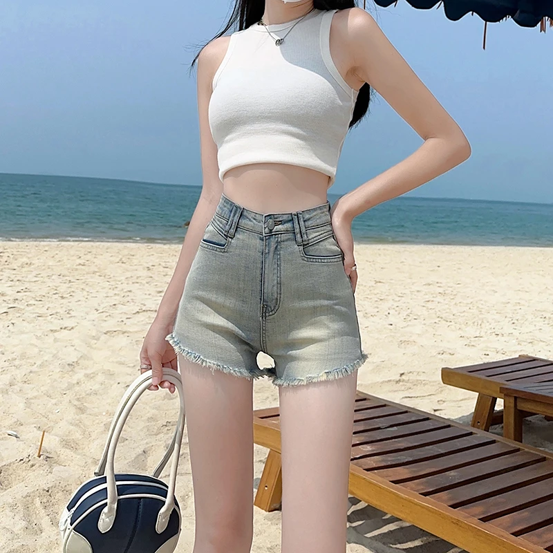 辣妹牛仔裤女2025夏季新款高腰显瘦百搭紧身毛边热裤