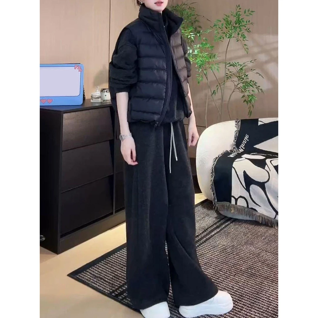 冬季慵懒套装女轻薄棉服马甲外套加绒高领拉链卫衣阔腿长裤三件套