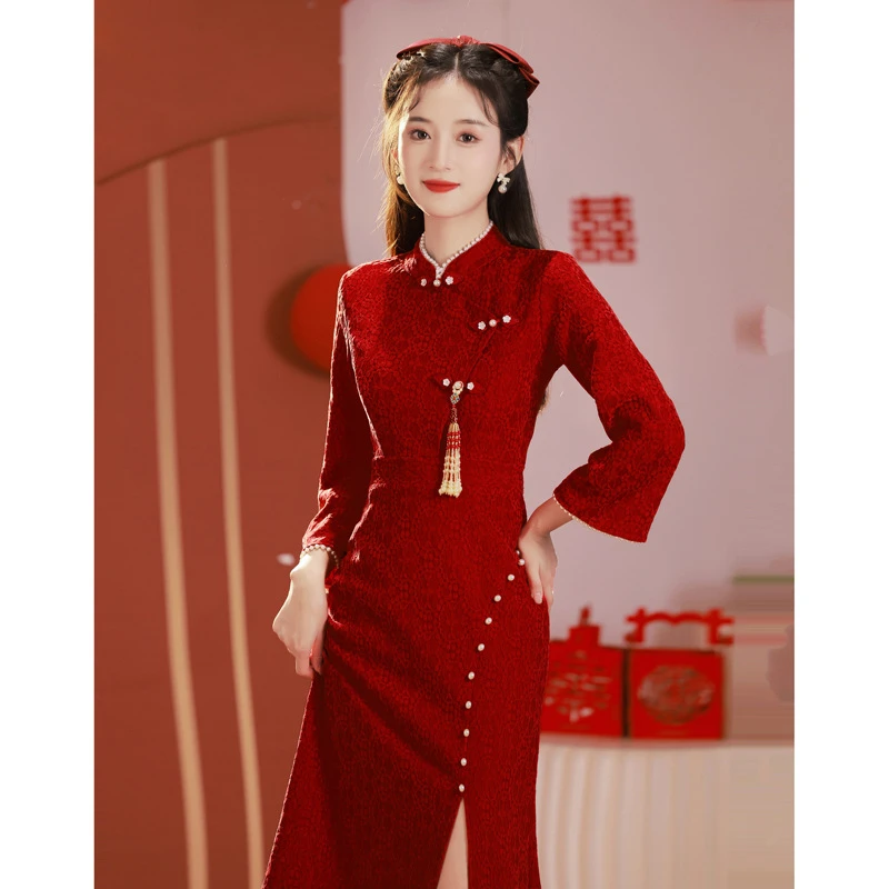 旗袍敬酒服新娘春季结婚酒红色长袖中式订婚礼服女春季改良年轻款