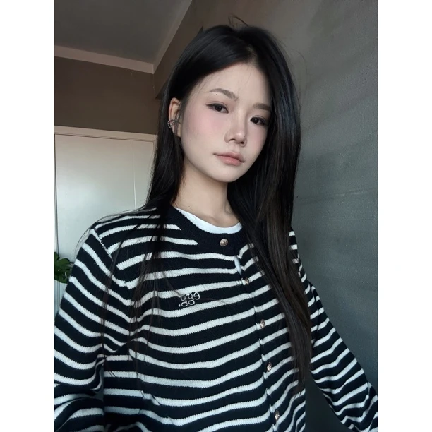 简约韩系ins舒适针织条纹毛针织衫慵懒休闲风秋冬新款