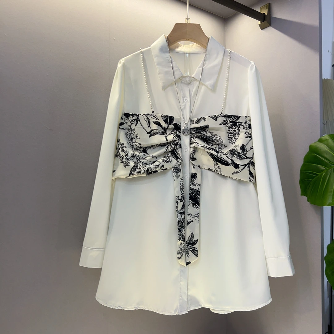 复古水墨拼接假两件高级感气质衬衫大码胖mm打底衫宽松遮肚子