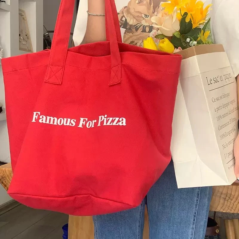 韩系ins简约字母红色帆布托特包女学生党大容量通勤时尚单肩包