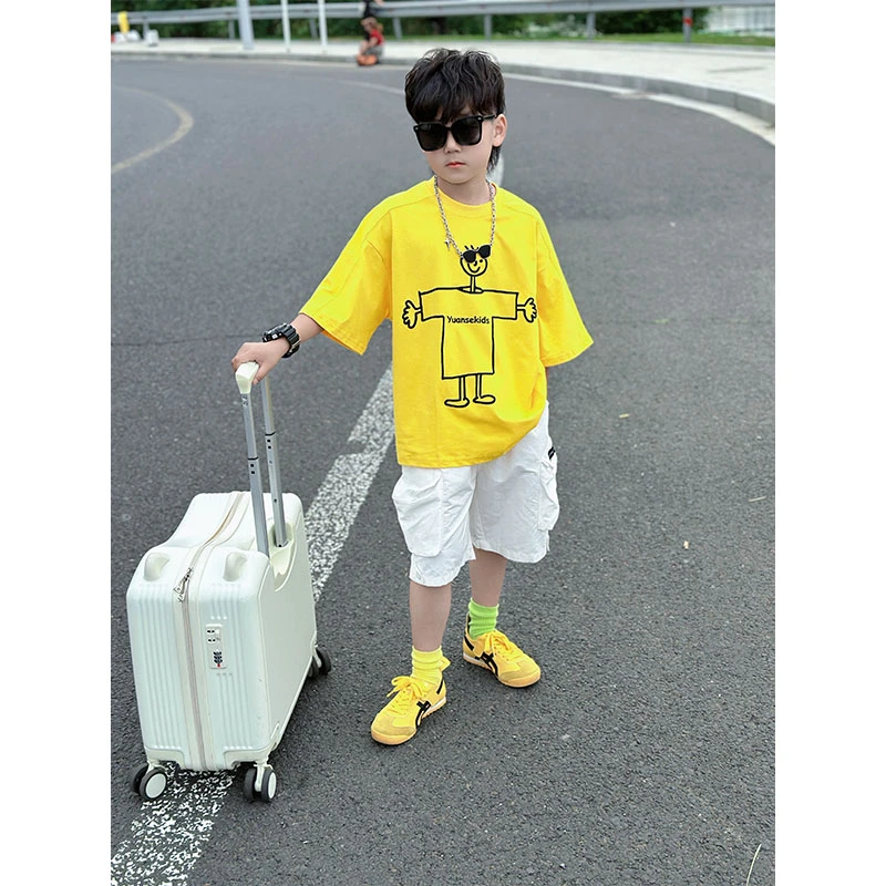 男童夏季百搭时髦卡通简笔画印花短袖T恤中大童个性字母印花上衣