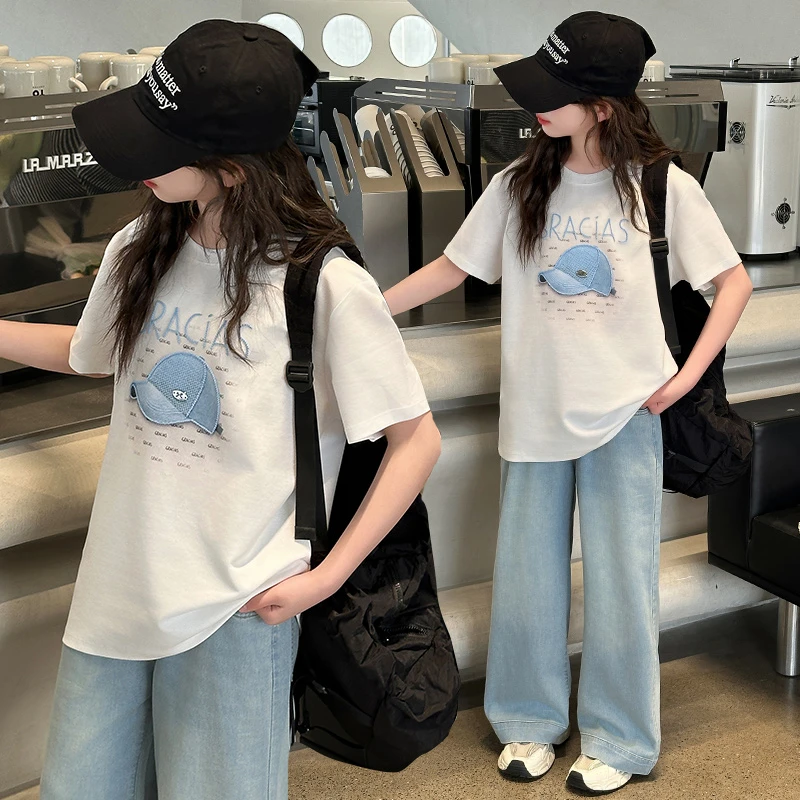 女童夏装套装2025新款儿童洋气短袖中大童宽松休闲薄款直筒裤套装