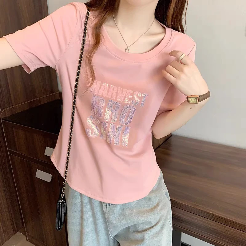 欧货独特漂亮粉色正肩短袖t恤女夏季大码胖mm遮肚子显瘦半袖上衣